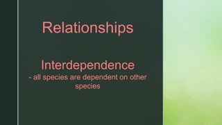 z
Relationships
Interdependence
- all species are dependent on other
species
 