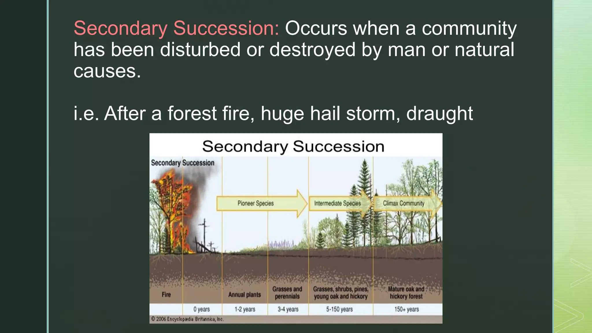 z
Secondary Succession: Occurs when a community
has been disturbed or ​destroyed by man or natural
causes.
i.e. After a forest fire, huge hail storm, draught
 