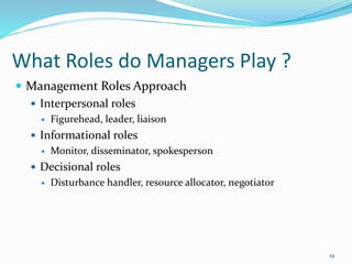 What Roles do Managers Play ?
 Management Roles Approach
 Interpersonal roles
 Figurehead, leader, liaison
 Informational roles
 Monitor, disseminator, spokesperson
 Decisional roles
 Disturbance handler, resource allocator, negotiator
19
 