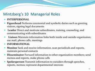 Mintzberg’s 10 Managerial Roles
 INTERPERSONAL
 Figurehead Performs ceremonial and symbolic duties such as greeting
visitors, signing legal documents
 Leader Direct and motivate subordinates, training, counseling, and
communicating with subordinates
 Liaison Maintain information links both inside and outside organizaion;
use mail, phone calls, meetings
 INFORMATIONAL
 Monitor Seek and receive information, scan periodicals and reports,
maintain personal contacts
 Disseminator Forward information to other organization members; send
memos and reports, make phone calls
 Spokesperson Transmit information to outsiders through speeches,
reports, memos; represent departmental interests
20
 
