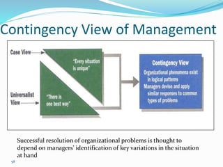 58
Contingency View of Management
Successful resolution of organizational problems is thought to
depend on managers’ identification of key variations in the situation
at hand
 