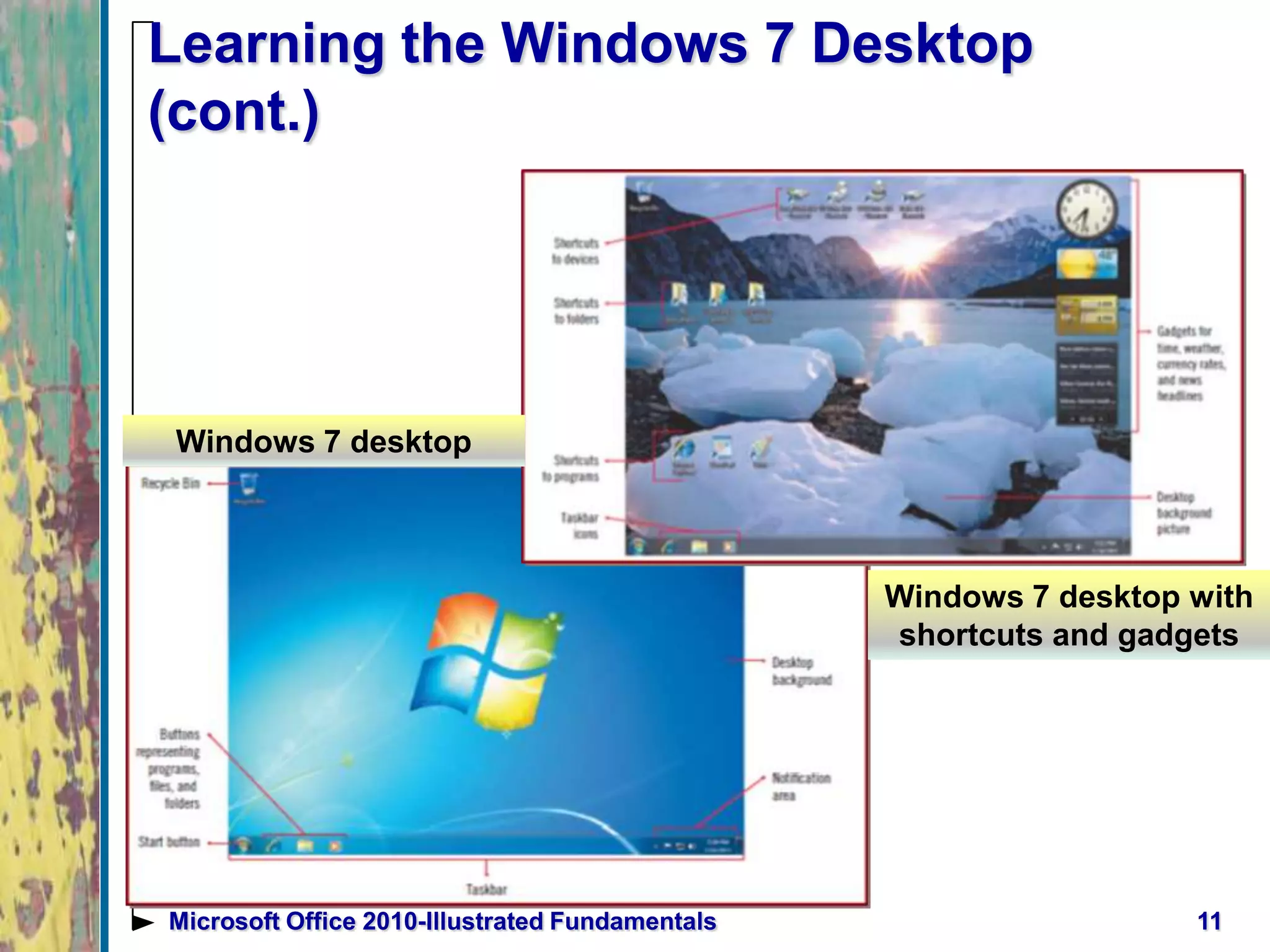 11Microsoft Office 2010-Illustrated Fundamentals
Learning the Windows 7 Desktop
(cont.)
Windows 7 desktop
Windows 7 desktop with
shortcuts and gadgets
 
