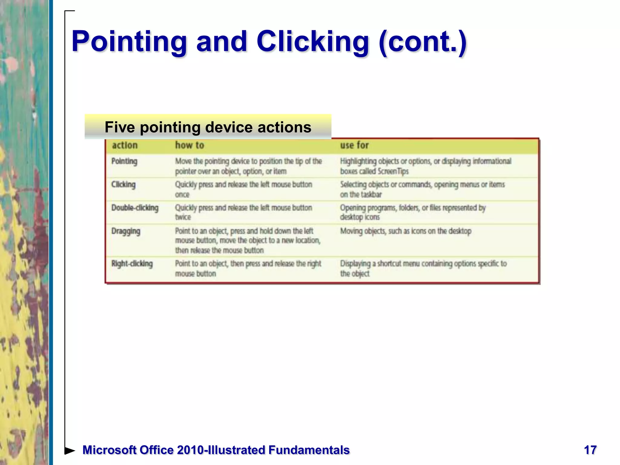 Pointing and Clicking (cont.)
17Microsoft Office 2010-Illustrated Fundamentals
Five pointing device actions
 