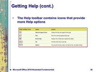 Getting Help (cont.)
• The Help toolbar contains icons that provide
more Help options
38Microsoft Office 2010-Illustrated Fundamentals
 
