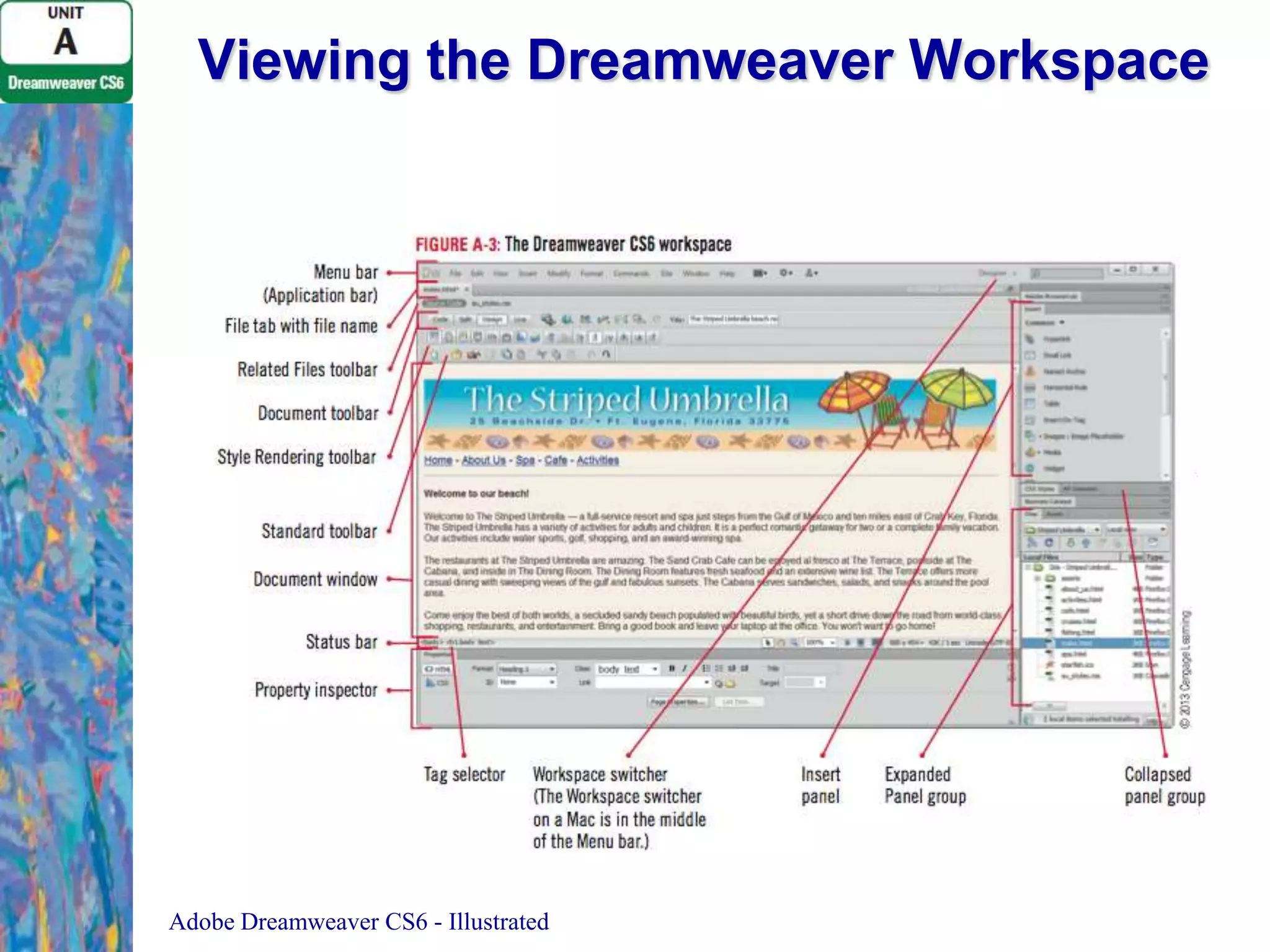 Viewing the Dreamweaver Workspace

Adobe Dreamweaver CS6 - Illustrated

 