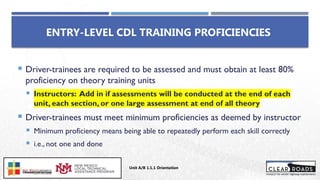  Driver-trainees are required to be assessed and must obtain at least 80%
proficiency on theory training units
 Instructors: Add in if assessments will be conducted at the end of each
unit, each section, or one large assessment at end of all theory
 Driver-trainees must meet minimum proficiencies as deemed by instructor
 Minimum proficiency means being able to repeatedly perform each skill correctly
 i.e., not one and done
ENTRY-LEVEL CDL TRAINING PROFICIENCIES
Unit A/B 1.1.1 Orientation
Insert DOT
Logo Here
 