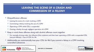  Disqualification offenses
 Leaving the scene of a crash involving a CMV
 Committing a felony involving the use of a CMV
 Operating a CMV while CDL is suspended
 Causing a fatality through negligent operation of a CMV
 Keep in mind these offenses along with alcohol offenses count together
 For example, driving under the influence (first violation) and then later operating a CMV with a suspended CDL
(second offense) = loss of CDL for life
 Additionally, you automatically lose your CDL for life if you commit a felony in a CMV involving
controlled substances
LEAVING THE SCENE OF A CRASH AND
COMMISSION OF A FELONY
Unit A/B 1.1.1 Orientation
Insert DOT
Logo Here
 