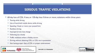 SERIOUS TRAFFIC VIOLATIONS
 60-day loss of CDL if two, or 120-day loss if three or more, violations within three years
 Texting while driving
 Use of hand-held mobile device while driving
 Speeding 15mph or more over posted limit
 Reckless driving
 Improper/erratic lane change
 Following too closely
 Traffic violations where a fatality occurs
 Driving without obtaining CDL or CDL not in possession
 Not having proper class of CDL or proper endorsement
Unit A/B 1.1.1 Orientation
Insert DOT
Logo Here
 