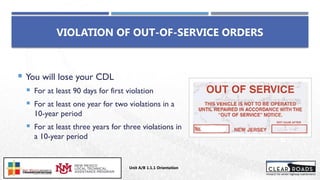 VIOLATION OF OUT-OF-SERVICE ORDERS
 You will lose your CDL
 For at least 90 days for first violation
 For at least one year for two violations in a
10-year period
 For at least three years for three violations in
a 10-year period
Unit A/B 1.1.1 Orientation
Insert DOT
Logo Here
 