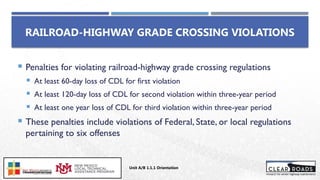 RAILROAD-HIGHWAY GRADE CROSSING VIOLATIONS
 Penalties for violating railroad-highway grade crossing regulations
 At least 60-day loss of CDL for first violation
 At least 120-day loss of CDL for second violation within three-year period
 At least one year loss of CDL for third violation within three-year period
 These penalties include violations of Federal, State, or local regulations
pertaining to six offenses
Unit A/B 1.1.1 Orientation
Insert DOT
Logo Here
 