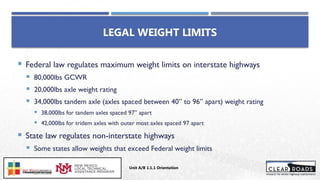 LEGAL WEIGHT LIMITS
 Federal law regulates maximum weight limits on interstate highways
 80,000lbs GCWR
 20,000lbs axle weight rating
 34,000lbs tandem axle (axles spaced between 40” to 96” apart) weight rating
 38,000lbs for tandem axles spaced 97” apart
 42,000lbs for tridem axles with outer most axles spaced 97 apart
 State law regulates non-interstate highways
 Some states allow weights that exceed Federal weight limits
Unit A/B 1.1.1 Orientation
Insert DOT
Logo Here
 