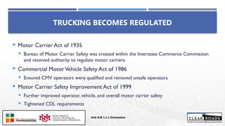  Motor Carrier Act of 1935
 Bureau of Motor Carrier Safety was created within the Interstate Commerce Commission
and received authority to regulate motor carriers
 Commercial MotorVehicle Safety Act of 1986
 Ensured CMV operators were qualified and removed unsafe operators
 Motor Carrier Safety Improvement Act of 1999
 Further improved operator, vehicle, and overall motor carrier safety
 Tightened CDL requirements
TRUCKING BECOMES REGULATED
Unit A/B 1.1.1 Orientation
Insert DOT
Logo Here
 