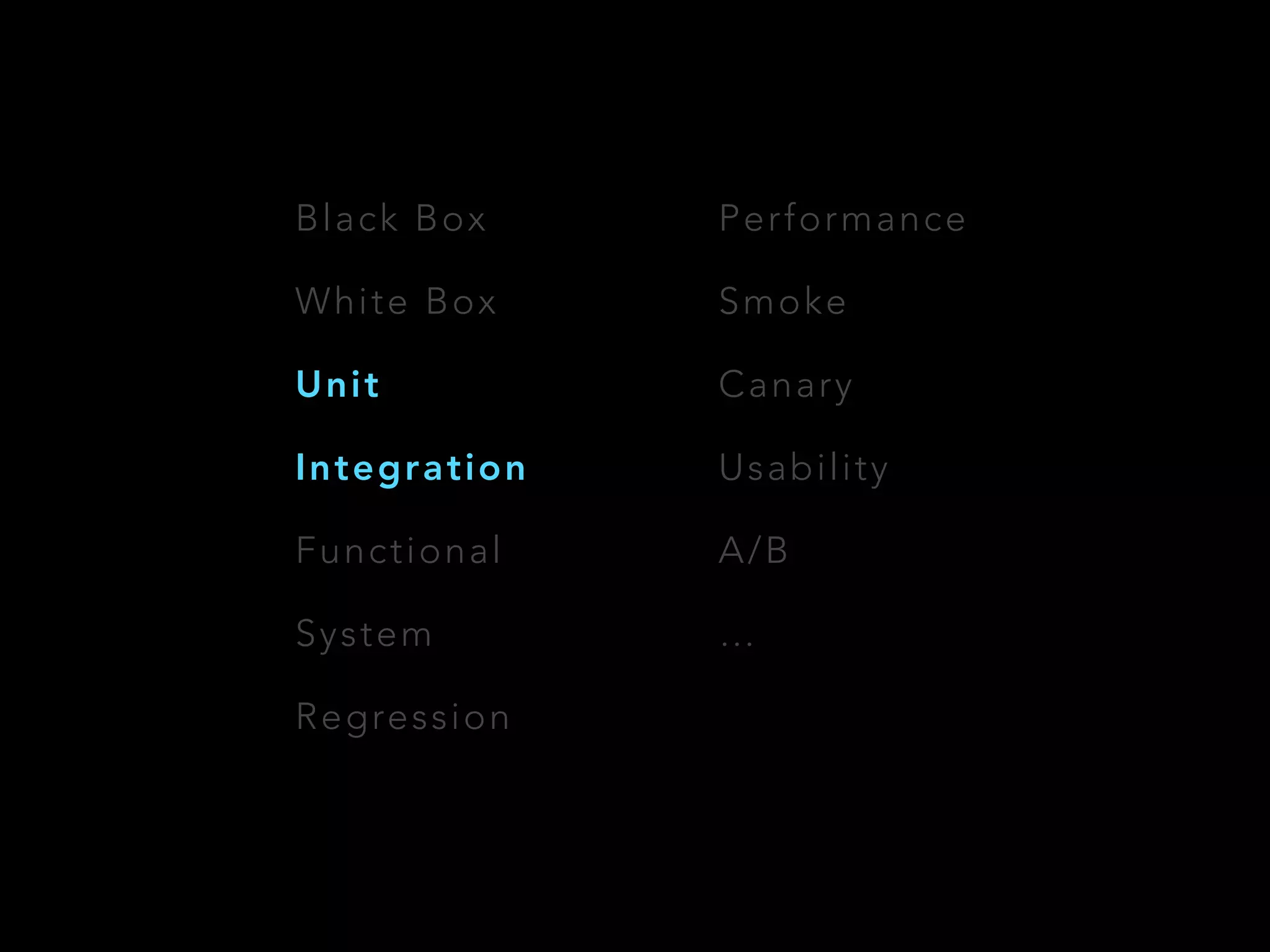 Black Box 
White Box 
Unit 
Integration 
Functional 
System 
Regression 
Performance 
Smoke 
Canary 
Usability 
A/B 
… 
 
