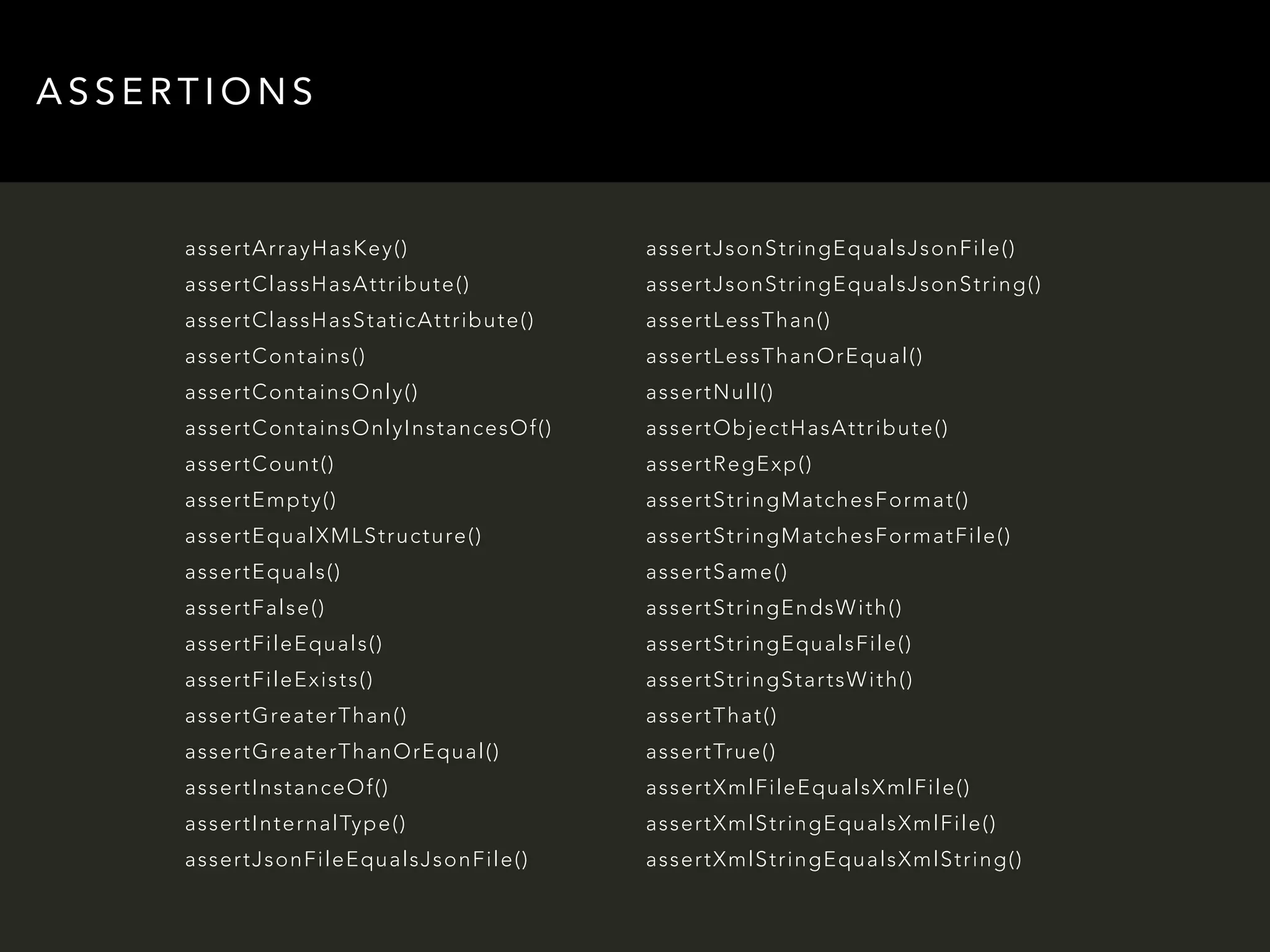 ASSERTIONS 
assertArrayHasKey() 
assertClassHasAttribute() 
assertClassHasStaticAttribute() 
assertContains() 
assertContainsOnly() 
assertContainsOnlyInstancesOf() 
assertCount() 
assertEmpty() 
assertEqualXMLStructure() 
assertEquals() 
assertFalse() 
assertFileEquals() 
assertFileExists() 
assertGreaterThan() 
assertGreaterThanOrEqual() 
assertInstanceOf() 
assertInternalType() 
assertJsonFileEqualsJsonFile() 
assertJsonStringEqualsJsonFile() 
assertJsonStringEqualsJsonString() 
assertLessThan() 
assertLessThanOrEqual() 
assertNull ( ) 
assertObjectHasAttribute() 
assertRegExp() 
assertStringMatchesFormat() 
assertStringMatchesFormatFile() 
assertSame() 
assertStringEndsWi th() 
assertStringEqualsFile() 
assertStringStartsWi th() 
assertThat() 
assertTrue() 
assertXmlFileEqualsXmlFile() 
assertXmlStringEqualsXmlFile() 
assertXmlStringEqualsXmlString() 
 