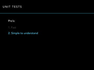 UNIT TESTS 
Pro’s: 
1. Fast 
2. Simple to understand 
 