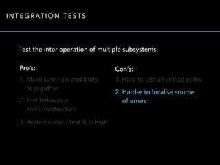 INTEGRATION TESTS 
Test the inter-operation of multiple subsystems. 
Pro’s: 
1. Make sure nuts and bolts 
fit together 
2. Test behaviour 
and infrastructure 
3. (tested code) / test % is high 
Con’s: 
1. Hard to test all critical paths 
2. Harder to localise source 
of errors 
 