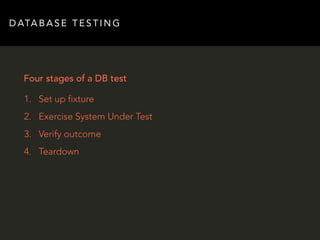 DATABASE TESTING 
Four stages of a DB test 
1. Set up fixture 
2. Exercise System Under Test 
3. Verify outcome 
4. Teardown 
 