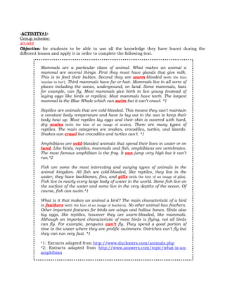 -ACTIVITY#1:
Group scheme:
Jcloze
Objective: for students to be able to use all the knowledge they have learnt during the
different lesson and apply it in order to complete the following text.


         Mammals are a particular class of animal. What makes an animal a
         mammal are several things. First they must have glands that give milk.
         This is to feed their babies. Second they are warm-blooded (with the hint
         ‘similar to hot’). Third mammals have fur or hair. Mammals live in all sorts of
         places including the ocean, underground, on land. Some mammals, bats
         for example, can fly. Most mammals give birth to live young (instead of
         laying eggs like birds or reptiles). Most mammals have teeth. The largest
         mammal is the Blue Whale which can swim but it can’t crawl. *1

         Reptiles are animals that are cold-blooded. This means they can't maintain
         a constant body temperature and have to lay out in the sun to keep their
         body heat up. Most reptiles lay eggs and their skin is covered with hard,
         dry scales (with the hint of an image of scales). There are many types of
         reptiles. The main categories are snakes, crocodiles, turtles, and lizards.
         Snakes can crawl but crocodiles and turtles can’t. *1

         Amphibians are cold-blooded animals that spend their lives in water or on
         land. Like birds, reptiles, mammals and fish, amphibians are vertebrates.
         The most famous amphibian is the frog. It can jump very high but it can’t
         run.*2

         Fish are some the most interesting and varying types of animals in the
         animal kingdom. All fish are cold-blooded, like reptiles, they live in the
         water; they have backbones, fins, and gills (with the hint of an image of gills).
         Fish live in nearly every large body of water in the world. Some fish live on
         the surface of the water and some live in the very depths of the ocean. Of
         course, fish can swim.*1

         What is it that makes an animal a bird? The main characteristic of a bird
         is feathers (with the hint of an image of feathers). No other animal has feathers.
         Other important features for birds are wings and hollow bones. Birds also
         lay eggs, like reptiles, however they are warm-blooded, like mammals.
         Although an important characteristic of most birds is flying, not all birds
         can fly. For example, penguins can’t fly. They spend a good portion of
         time in the water where they are prolific swimmers. Ostriches can’t fly but
         they can run very fast. *1

         *1: Extracts adapted from http://www.ducksters.com/animals.php
         *2: Extracts adapted from http://www.answers.com/topic/what-is-an-
         amphibian
 