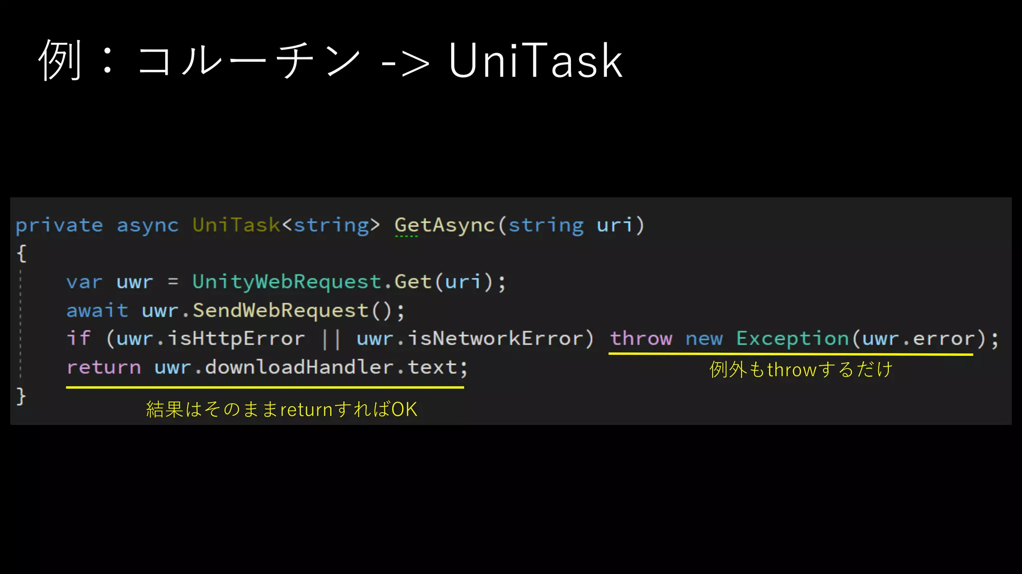 例：コルーチン -> UniTask
結果はそのままreturnすればOK
例外もthrowするだけ
 