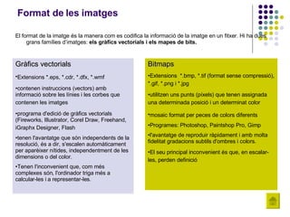 Format de les imatges El format de la imatge és la manera com es codifica la informació de la imatge en un fitxer. Hi ha dues grans famílies d’imatges:  els gràfics vectorials i els mapes de bits. Gràfics vectorials Extensions *.eps, *.cdr, *.dfx, *.wmf   contenen instruccions (vectors) amb informació sobre les línies i les corbes que contenen les imatges   programa d'edició de gràfics vectorials (Fireworks, Illustrator, Corel Draw, Freehand, iGraphx Designer, Flash   tenen l'avantatge que són independents de la resolució, és a dir, s'escalen automàticament per aparèixer nítides, independentment de les dimensions o del color.  Tenen l'inconvenient que, com més complexes són, l'ordinador triga més a calcular-les i a representar-les. Bitmaps Extensions  *.bmp, *.tif (format sense compressió), *.gif, *.png i *.jpg   utilitzen uns punts (píxels) que tenen assignada una determinada posició i un determinat color   mosaic format per peces de colors diferents   Programes: Photoshop, Paintshop Pro, Gimp l'avantatge de reproduir ràpidament i amb molta fidelitat gradacions subtils d'ombres i colors.  El seu principal inconvenient és que, en escalar-les, perden definició   