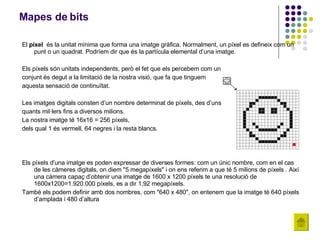 Mapes de bits El  píxel   és la unitat mínima que forma una imatge gràfica. Normalment, un píxel es defineix com un punt o un quadrat. Podríem dir que és la partícula elemental d’una imatge. Els píxels són unitats independents, però el fet que els percebem com un  conjunt és degut a la limitació de la nostra visió, que fa que tinguem  aquesta sensació de continuïtat. Les imatges digitals consten d’un nombre determinat de píxels, des d’uns  quants mil·lers fins a diversos milions.  La nostra imatge té 16x16 = 256 píxels,  dels qual 1 és vermell, 64 negres i la resta blancs. Els píxels d’una imatge es poden expressar de diverses formes: com un únic nombre, com en el cas de les càmeres digitals, on diem &quot;5 megapíxels&quot; i on ens referim a que té 5 milions de píxels . Així una càmera capaç d’obtenir una imatge de 1600 x 1200 píxels te una resolució de 1600x1200=1.920.000 píxels, es a dir 1,92 megapíxels. També els podem definir amb dos nombres, com &quot;640 x 480&quot;, on entenem que la imatge té 640 píxels d’amplada i 480 d’altura 