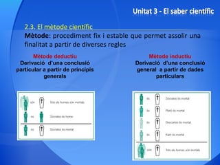 2.3. El mètode científic Mètode : procediment fix i estable que permet assolir una finalitat a partir de diverses regles Mètode deductiu Derivació  d’una conclusió particular a partir de principis generals Mètode inductiu Derivació  d’una conclusió general  a partir de dades particulars 