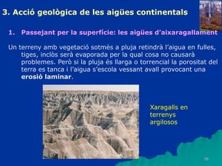 26
3. Acció geològica de les aigües continentals
1. Passejant per la superfície: les aigües d’aixaragallament
Un terreny amb vegetació sotmès a pluja retindrà l’aigua en fulles,
tiges, inclòs serà evaporada per la qual cosa no causarà
problemes. Però si la pluja és llarga o torrencial la porositat del
terra es tanca i l’aigua s’escola vessant avall provocant una
erosió laminar.
Xaragalls en
terrenys
argilosos
 