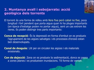 29
2. Muntanya avall i esbojarrats: acció
geològica dels torrents
El torrent és una forma de relleu amb llera fixa però cabal no fixe, poca
longitud i fort pendent que porta aigua quan hi ha pluges importants
(en època d’estiatge poden no portar aigua), sent un cas extrem les
rieres. Es poden distingir tres parts importants:
Conca de recepció: És la depressió en forma d’embut on es produeix
l’agrupament de les aigües salvatges i els processos d’erosió estan
ben desenvolupats.
Canal de desguàs: Llit per on circulen les aigües i els materials
erosionats.
Con de dejecció: Zona on es produeix la sedimentació, doncs es passa
a zones planes i es produeixen inundacions. Té forma de ventall.
 