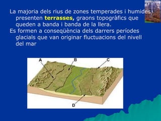 La majoria dels rius de zones temperades i humides
presenten terrasses, graons topogràfics que
queden a banda i banda de la llera.
Es formen a conseqüència dels darrers períodes
glacials que van originar fluctuacions del nivell
del mar
 