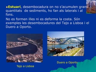 Estuari, desembocadura on no s’acumulen grans
quantitats de sediments, ho fan als laterals i al
fons.
No es formen illes ni es deforma la costa. Són
exemples les desembocadures del Tajo a Lisboa i el
Duero a Oporto.
Duero a Oporto
Tajo a Lisboa
 