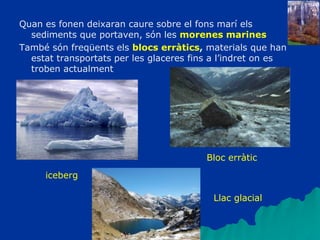 Quan es fonen deixaran caure sobre el fons marí els
sediments que portaven, són les morenes marines
També són freqüents els blocs erràtics, materials que han
estat transportats per les glaceres fins a l’indret on es
troben actualment
Bloc erràtic
Llac glacial
iceberg
 