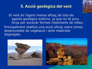 5. Acció geològica del vent
El vent és l’agent menys eficaç de tots els
agents geològics externs, ja que no té prou
força per excavar formes importants de relleu.
Principalment realitza una acció eficaç sobre zones
desproveïdes de vegetació i amb materials
disgregats.
 