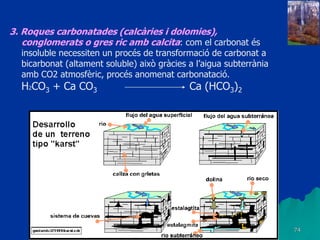74
3. Roques carbonatades (calcàries i dolomies),
conglomerats o gres ric amb calcita: com el carbonat és
insoluble necessiten un procés de transformació de carbonat a
bicarbonat (altament soluble) això gràcies a l’aigua subterrània
amb CO2 atmosfèric, procés anomenat carbonatació.
H2CO3 + Ca CO3 Ca (HCO3)2
 