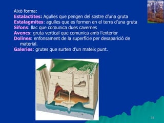 75
Això forma:
Estalactites: Agulles que pengen del sostre d’una gruta
Estalagmites: agulles que es formen en el terra d’una gruta
Sifons: llac que comunica dues cavernes
Avencs: gruta vertical que comunica amb l’exterior
Dolines: enfonsament de la superfície per desaparició de
material.
Galeries: grutes que surten d’un mateix punt.
 