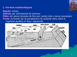 77
1. Formes exokàrstiques
Rascler: estries
Dolines: per enfonsament de cavernes
Pòlie: són planes tancades de fons pla i parets més o menys escarpades
Toves: es formen per la precipitacions de carbonat càlcic sobre la
vegetació aquàtica en llacs i aiguamolls.
 
