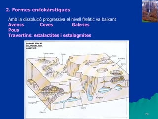 79
2. Formes endokàrstiques
Amb la dissolució progressiva el nivell freàtic va baixant
Avencs Coves Galeries
Pous
Travertins: estalactites i estalagmites
 