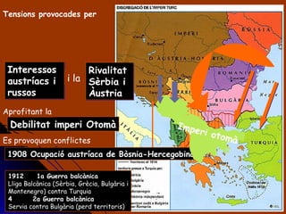 Interessos austríacs i russos Rivalitat  Sèrbia i Àustria Debilitat imperi Otomà Tensions provocades per Aprofitant la i la Es provoquen conflictes 1908 Ocupació austríaca de Bòsnia-Hercegobina 1912 1a Guerra balcànica Lliga Balcànica (Sèrbia, Grècia, Bulgària i Montenegro) contra Turquia 2a Guerra balcànica Servia contra Bulgària (perd territoris) Imperi otomà 