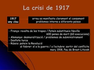 La crisi de 1917 arreu es manifesta clarament el cansament problemes interns a diferents països 1917 any clau França: revolta de les tropes / Petain substitueix Neville 600 penes de mort (60 execucions) Alemanya: desmoralització / problemes de subministrament Desfeta turca Rússia: pateix la Revolució al febrer: sí a la guerra / a l’octubre: sortir del conflicte març 1918, Pau de Brest-Litovsk 