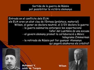 Sortida de la guerra de Rússia pot possibilitar la victòria alemanya Entrada en el conflicte dels EUA: els EUA eren un aliat clau de l’Entesa (préstecs, material) Wilson, el gener es declara neutral, el 2/IV declara la guerra: la guerra submarina entorpeix les exportacions l’afer del Lusitània és una excusa el govern alemany promet la col·laboració a Mèxic telegrama Zimmerman la retirada de Rússia pot fer guanyar Alemanya qui pagarà aleshores els crèdits? Mohamed V,  soldà de Turquia Wilson 