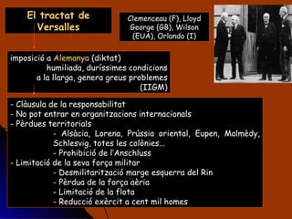 El tractat de Versalles Clàusula de la responsabilitat No pot entrar en organitzacions internacionals Pèrdues territorials Alsàcia, Lorena, Prússia oriental, Eupen, Malmèdy, Schlesvig, totes les colònies... Prohibició de l’Anschluss Limitació de la seva força militar  Desmilitarització marge esquerra del Rin Pèrdua de la força aèria Limitació de la flota Reducció exèrcit a cent mil homes Clemenceau (F), Lloyd George (GB), Wilson (EUA), Orlando (I) imposició a  Alemanya  (diktat) humiliada, duríssimes condicions a la llarga, genera greus problemes (IIGM) 