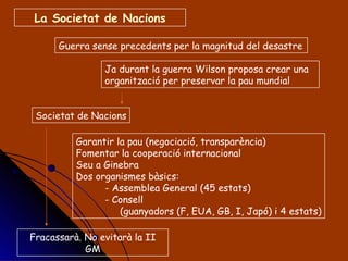 Ja durant la guerra Wilson proposa crear una organització per preservar la pau mundial Societat de Nacions La Societat de Nacions Guerra sense precedents per la magnitud del desastre Garantir la pau (negociació, transparència) Fomentar la cooperació internacional Seu a Ginebra Dos organismes bàsics: - Assemblea General (45 estats) - Consell  (guanyadors (F, EUA, GB, I, Japó) i 4 estats) Fracassarà. No evitarà la II GM 