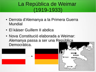 La República de Weimar
(1919-1933)
● Derrota d'Alemanya a la Primera Guerra
Mundial
● El kàiser Guillem II abdica
● Nova Constitució elaborada a Weimar:
Alemanya passa a ser una República
Democràtica.
 