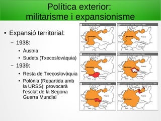 Política exterior:
militarisme i expansionisme
● Expansió territorial:
– 1938:
● Àustria
● Sudets (Txecoslovàquia)
– 1939:
● Resta de Txecoslovàquia
● Polònia (Repartida amb
la URSS): provocarà
l'esclat de la Segona
Guerra Mundial
 