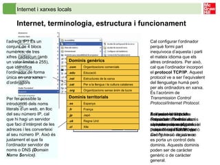 Internet i xarxes locals Internet, terminologia, estructura i funcionament  Cal configurar l’ordinador perquè formi part inequívoca d’aquesta i parli el mateix idioma que els altres ordinadors. Per això, cal que l’ordinador incorpori el  protocol TCP/IP . Aquest protocol ve a ser l’equivalent del llenguatge humà però per als ordinadors en xarxa. És l’acrònim de  Transmission Control Protocol/Internet Protocol .  Per veure si el nostre ordinador té instal·lats aquests protocols, obriu el menú  Inici  i aneu a l’opció  Configuració de xarxes ,  Seleccioneu l’opció  Propietats . Podreu comprovar que aquest protocol és a l’ordinador   Ara prem el botó  Propietats  i tindràs accés als valors de configuració del protocol TCP/IP.   En l’establiment dels noms i els dominis d’un web tampoc no pot haver-hi repeticions, per això hi ha un registre on es porta un control dels dominis. Aquests dominis poden ser de caràcter genèric o de caràcter general.  l’adreça IP? És un conjunt de 4 blocs numèrics, de tres xifres cadascun (amb un valor limitat a 255), que identifica l’ordinador de forma única en una xarxa d’ordinadors   Per fer possible la introducció dels noms literals d’un web, en lloc del seu número IP, cal que hi hagi un servidor que faci d’intèrpret de les adreces i les converteixi al seu número IP. Això és justament el que fa l’ordinador servidor de noms o DNS   (D omain  N ame  S ervice ) .   Xile .cl Regne Unit .uk Japó .jp França .fr Espanya .es Dominis territorials Organitzacions sense ànim de lucre .org Per a la llengua i la cultura catalanes .cat Estructures de la xarxa .net Educació .edu Organitzacions comercials .com Dominis genèrics 