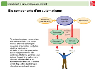 Introducció a la tecnologia de control
Els components d’un automatisme
Els automatismes es construeixen
amb elements físics que poden
implicar diferents tecnologies:
mecànica, pneumàtica, hidràulica,
elèctrica, electrònica,
microelectrònica, els quals poden
actuar independentment o bé
combinats. De forma genèrica en un
sistema de control hi ha tres parts
bàsiques: el controlador, els
actuadors i els sensors. Fan falta
també dispositius auxiliars per
interactuar amb el controlador.
 