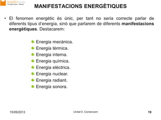 15/09/2013 Unitat 0. Comencem 19
• El fenomen energètic és únic, per tant no seria correcte parlar de
diferents tipus d’energia, sinó que parlarem de diferents manifestacions
energètiques. Destacarem:
Energia mecànica.
Energia tèrmica.
Energia interna.
Energia química.
Energia elèctrica.
Energia nuclear.
Energia radiant.
Energia sonora.
MANIFESTACIONS ENERGÈTIQUES
 