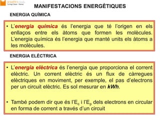 15/09/2013 Unitat 0. Comencem 26
MANIFESTACIONS ENERGÈTIQUES
• L’energia química és l’energia que té l’origen en els
enllaços entre els àtoms que formen les molècules.
L’energia química és l’energia que manté units els àtoms a
les molècules.
ENERGIA QUÍMICA
• L’energia elèctrica és l’energia que proporciona el corrent
elèctric. Un corrent elèctric és un flux de càrregues
elèctriques en moviment, per exemple, el pas d’electrons
per un circuit elèctric. Es sol mesurar en kWh.
• També podem dir que és l’Ec i l’Ep dels electrons en circular
en forma de corrent a través d’un circuit
ENERGIA ELÈCTRICA
 