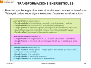15/09/2013 Unitat 0. Comencem 29
• Hem vist que l’energia ni es crea ni es destrueix, només es transforma.
Tot seguit podem veure alguns exemples d'aquestes transformacions:
TRANSFORMACIONS ENERGÈTIQUES
 