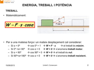 15/09/2013 Unitat 0. Comencem 7
ENERGIA, TREBALL I POTÈNCIA
TREBALL
• Matemàticament:
cosαsFW 
• Per a una mateixa força i un mateix desplaçament cal considerar:
– Si α = 0º  cos 0º = 1  W = F · s  el treball és màxim.
– Si 0º <α< 90º  cos α > 0  W > 0  s’anomena treball motor.
– Si α = 90º  cos 90º = 0  W = 0  el treball és nul.
– Si 90º<α<180º  cos α < 0  W < 0  s’anomena treball resistent.
 