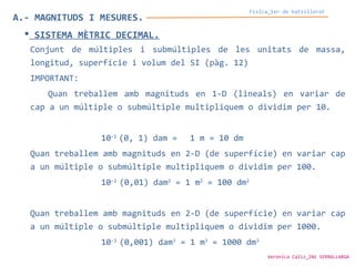 Física_1er de batxillerat
A.- MAGNITUDS I MESURES.
 SISTEMA MÈTRIC DECIMAL.
Conjunt de múltiples i submúltiples de les unitats de massa,
longitud, superfície i volum del SI (pàg. 12)
IMPORTANT:
Quan treballem amb magnituds en 1-D (lineals) en variar de
cap a un múltiple o submúltiple multipliquem o dividim per 10.
10-1
(0, 1) dam = 1 m = 10 dm
Quan treballem amb magnituds en 2-D (de superfície) en variar cap
a un múltiple o submúltiple multipliquem o dividim per 100.
10-2
(0,01) dam2
= 1 m2
= 100 dm2
Quan treballem amb magnituds en 2-D (de superfície) en variar cap
a un múltiple o submúltiple multipliquem o dividim per 1000.
10-3
(0,001) dam3
= 1 m3
= 1000 dm3
Verònica Cáliz_INS SERRALLARGA
 